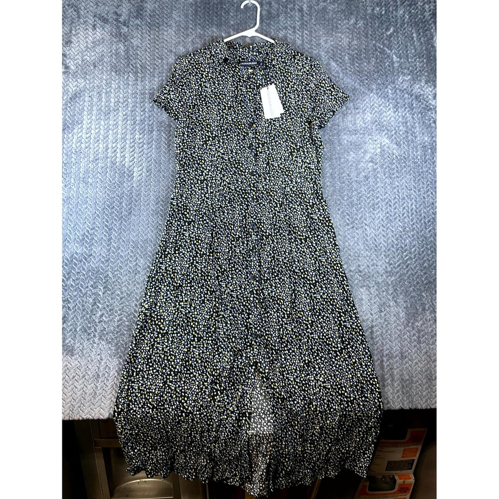 Calvin Klein Jeans Printed Crepe Shirt Dress Womens Medium Black Short Sleeve